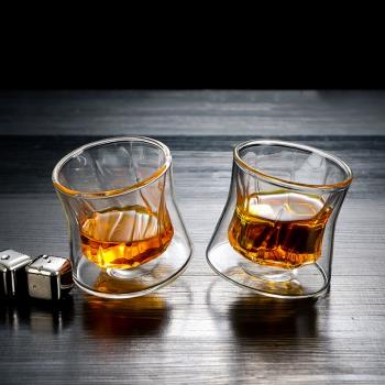 新款雙層威士忌酒杯耐熱玻璃洋酒杯創意不倒翁旋轉杯酒吧烈酒杯子