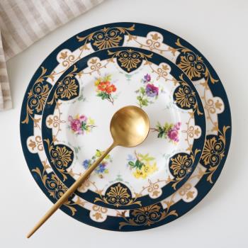 W1962出口歐洲陶瓷墨綠色金邊花朵華麗餐碗大盤/西餐盤甜品盤