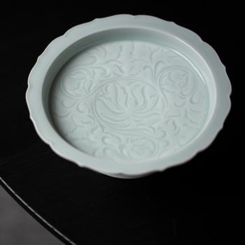 中式手工雕刻影青高足零食盤陶瓷
