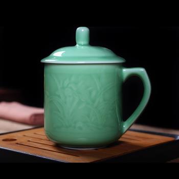 龍泉青瓷茶杯陶瓷帶蓋泡茶杯子辦公會議個人水杯家用刻花杯茶具大