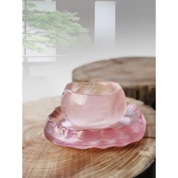 日式初雪漸變粉色蓋碗公道杯女士茶具女主人茶杯品茗杯手工玻璃杯