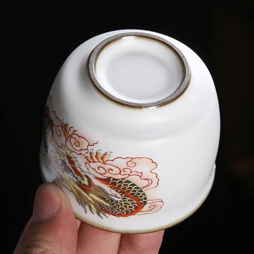 銀茶杯999純銀主人杯純手工陶瓷內膽鎏銀杯汝窯龍鳳呈祥個人單杯|茶杯