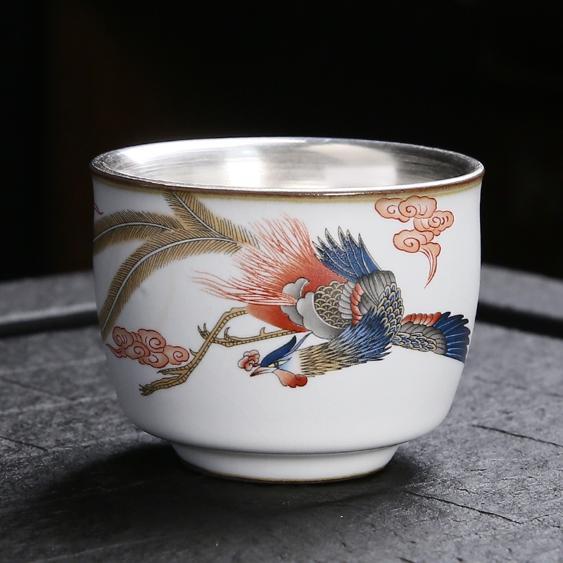 銀茶杯999純銀主人杯純手工陶瓷內膽鎏銀杯汝窯龍鳳呈祥個人單杯|茶杯