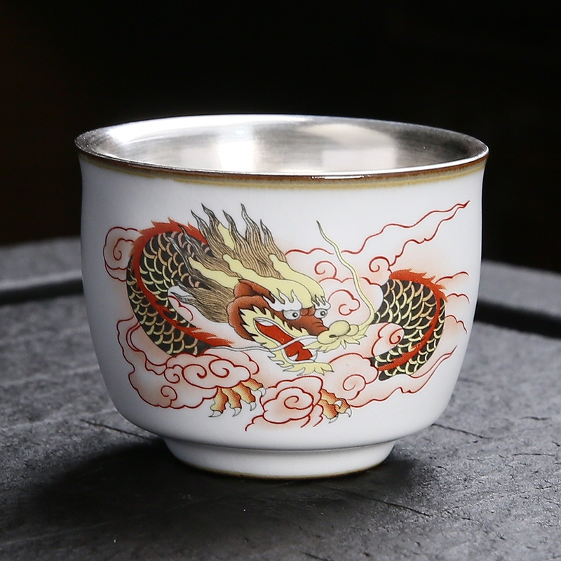 銀茶杯999純銀主人杯純手工陶瓷內膽鎏銀杯汝窯龍鳳呈祥個人單杯|茶杯
