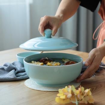 龍泉青瓷品鍋帶蓋家用湯碗面碗素面8英寸泡面碗大號湯盤陶瓷碗創