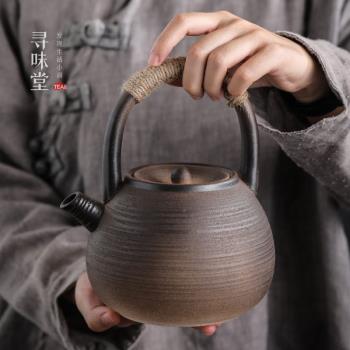 鎏金鐵釉粗陶提樑壺｜燒水壺煮茶壺大容量陶瓷壺手工古早燒茶具
