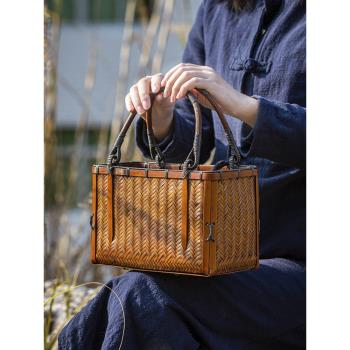 若容茶藝中式復古竹編包漢服包包古風竹籃手拎包手提茶具收納竹包