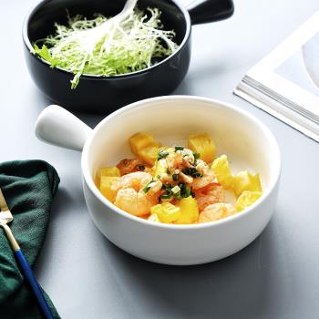 北歐創意黑白沙拉碗 陶瓷飯碗手把碗家用餐具泡麵碗烘焙烤碗湯碗