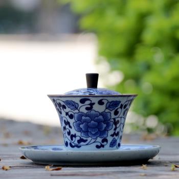 復古青花瓷樂陶銅底蓋碗白瓷品茶杯茶海公道杯敬茶杯三才杯茶葉罐