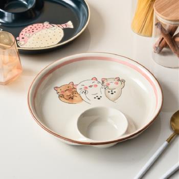 日式餃子盤子帶醋碟創意家用釉下彩餐具個性可愛少女心手繪水餃盤