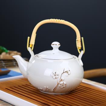 中式白瓷提梁壺簡約復古琺瑯彩泡茶壺家用陶瓷功夫茶具單壺銅把手