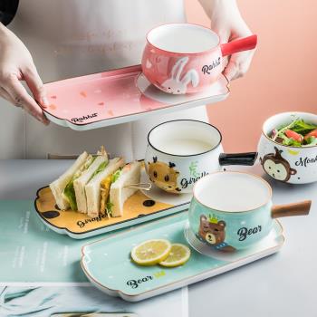 愛美惠 卡通動物圖案早餐餐具套裝 手繪釉下彩陶瓷奶鍋托盤520ml