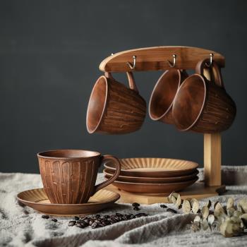 日式復古粗陶咖啡杯碟套裝下午茶馬克杯簡約手工雕刻咖啡拉花杯子