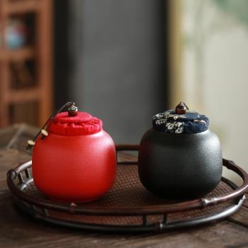 黑色紅色粗陶黑陶便攜式旅行迷你茶葉罐陶瓷小號家用儲存罐密封罐