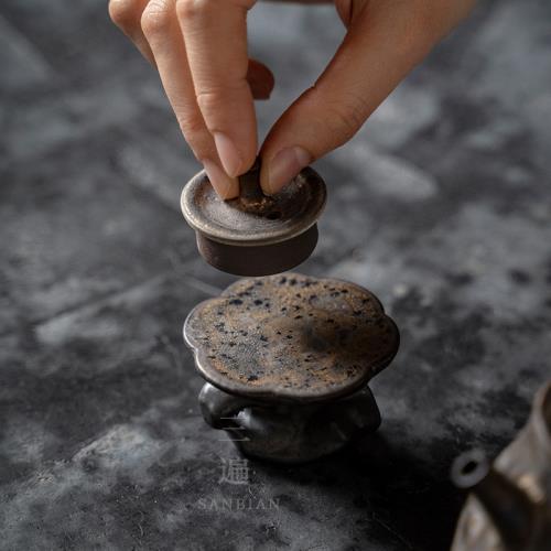 禪意粗陶蓋置紫砂茶壺鐵銹蓋托日式茶具配件零配創意擺件日本茶道