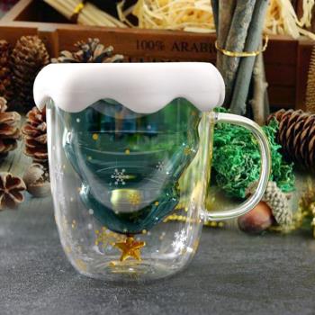 雙層咖啡杯彩色一對情侶款帶蓋歐式小奢華新款圣誕耐熱玻璃花茶杯