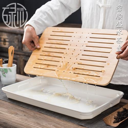 碌心 密胺可盛水茶盤 竹制茶托盤竹面茶臺儲水干泡盤小型方形茶盤