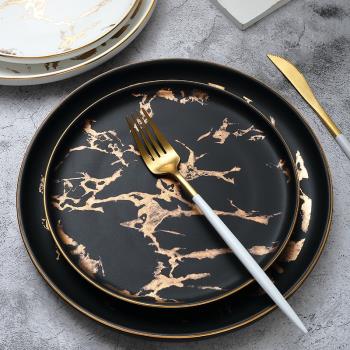 北歐創意家用陶瓷菜盤西餐盤托盤牛排盤子大理石餐具早餐盤圓平盤
