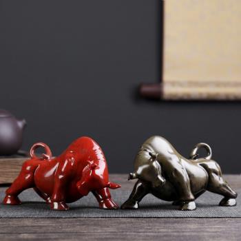創意陶瓷紅色牛擺件招財茶寵玩家居客廳裝飾品吉祥物生肖牛年禮品