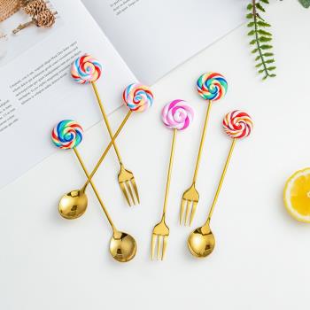 創意金色不銹鋼小勺子叉子水果叉卡通棒棒糖水果簽可愛兒童甜品勺