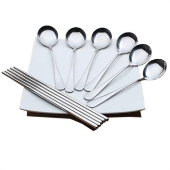 6支厚實不銹鋼吃飯勺 304不銹鋼方形筷 餐叉 兒童勺