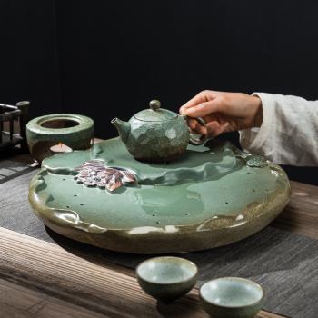 家用干泡臺茶盤創意中式功夫茶具托盤陶瓷蓮花儲水排水雙用茶海荷