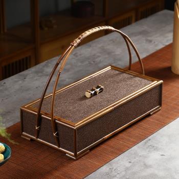 藤席茶具收納盒戶外便攜長方形家用單層食盒復古風中式竹編包提籃