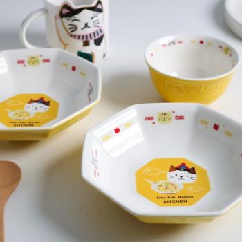 DearDali日式可愛黃色貓咪盤碗勺子套裝陶瓷釉下彩八角盤飯碗湯勺