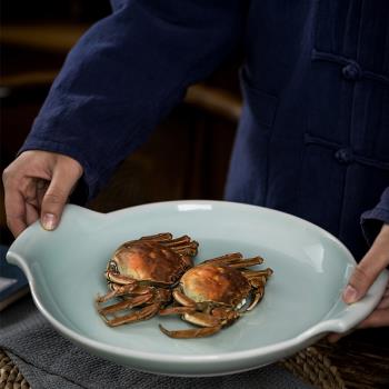中式陶瓷雙耳圓形烤盤創意早餐盤子烘焙芝士焗飯盤微波爐烤箱可用