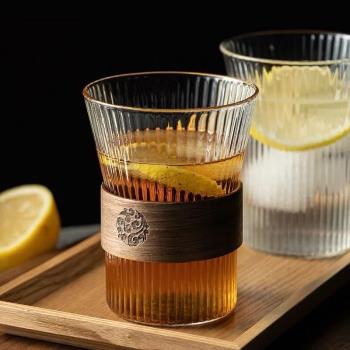 ins風冷萃杯子直身條紋玻璃杯 日式豎紋玻璃水杯咖啡杯拿鐵杯木片