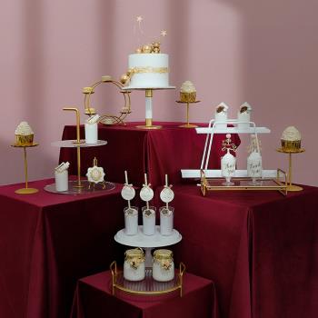 歐式金色輕奢甜品臺展示架婚禮蛋糕盤馬卡龍擺件下午茶亞克力托盤