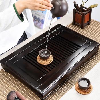 中式黑檀木抽屜儲水式茶盤家用大號簡約客廳實木排水茶臺茶海托盤