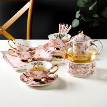 田園粉色花鳥陶瓷玻璃加熱花茶壺套裝帶過濾歐式下午茶具保溫泡茶