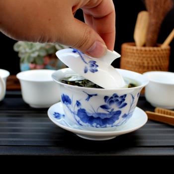 古禹茶具陶瓷蓋碗純白茶杯家用泡茶器三才碗青花工夫三泡臺茶碗
