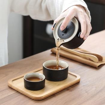 日式旅行快客杯茶具簡約辦公家用便攜式一壺二杯粗黑陶功夫小套裝