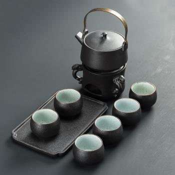 日式粗陶茶壺蠟燭臺套裝家用大酒精燈加熱煮茶爐黑陶溫茶器養生