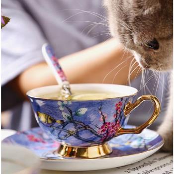 田園風花鳥戲蝶咖啡杯碟套裝歐式骨瓷描金金邊下午茶花茶杯