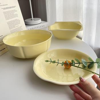 【巨美奶黃花瓣餐具】韓式ins陶瓷菜盤沙拉盤大湯碗方碗菜碗瑕疵