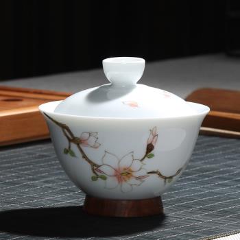 日式精 瓷木結合新款式茶席蓋碗 手繪和音木座蓋碗 花梨木底防劃