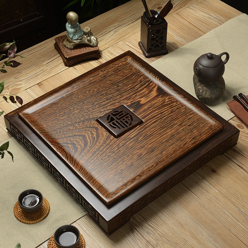 整塊雞翅木茶盤黑檀茶海家用現代簡約花梨茶臺托盤排水小號四方福|茶盤