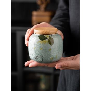 手繪冰片陶瓷茶葉罐小號復古便攜密封罐家用竹蓋茶葉盒防潮罐茶倉