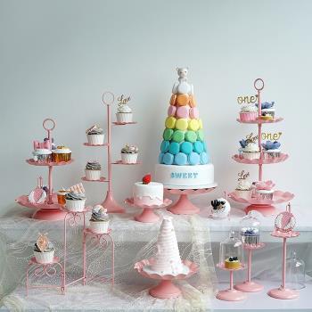 粉色波浪邊風格蛋糕架組合 公主趴派對甜品架 女兒生日蛋糕盤