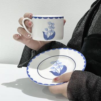 歐式ins風中古藍色鈴蘭花陶瓷杯咖啡杯碟田園風拿鐵杯下午茶套裝