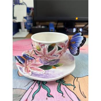 陶瓷咖啡杯百合蝴蝶下午茶茶具英式紅茶杯碟歐式家用茶杯生日禮物