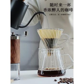 新款手沖咖啡壺套裝耐熱玻璃豎紋分享壺帶刻度一體螺旋咖啡過濾杯