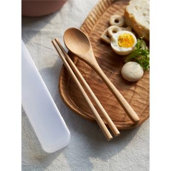 肆月 筷子勺子套裝一人用餐具外帶環保木筷子單人裝收納盒學生ins