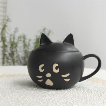圻諾家 日本同款 Net驚訝貓陶瓷馬克杯 粗陶貓咪水杯咖啡杯有杯蓋