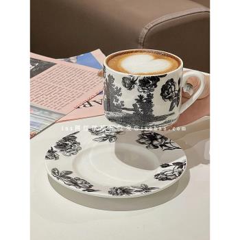 中式ins黑色調伊甸園咖啡杯碟高級花茶陶瓷杯碟 手繪玫瑰花早餐杯