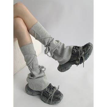 夜間教習室腿套y2k灰色綁帶襪子女秋季中筒jk小腿襪喇叭針織襪套