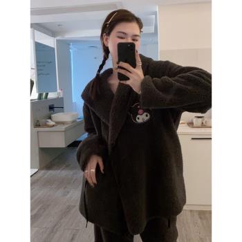 韓國卡通庫洛米連帽加厚睡衣套裝女秋冬季保暖長毛絨純色睡袍長褲